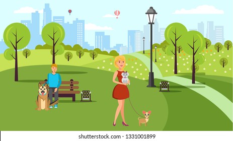 Dog Lovers Walk Vector Color Flat Illustration. Cartoon Character Pet Owners and Animals in Urban Park. Pet and Human Friendship. Man, Woman, Alsatian Dog, Purse Dogs. Horizontal Cityscape Background