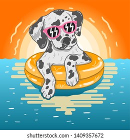 dog loves to relax in pool vector illustration
