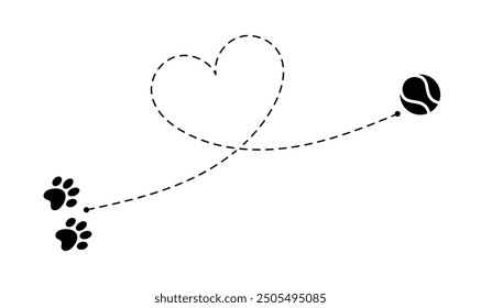 Dog loves tennis ball vector graphics with the concept of a dotted travel line path map or destination.
