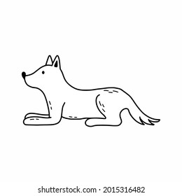El perro está tirado en el suelo. Dibujo al estilo de doodle. Un libro de adornos para niños.