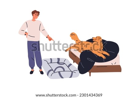 Dog lying in owners bed. Disobedient naughty stubborn doggy lying in wrong place for sleep, ignoring persons commands. Bad canine behavior. Flat vector illustration isolated on white background