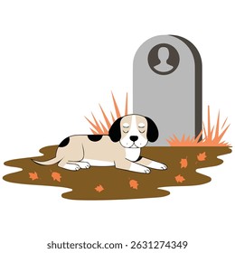 Cão deitado tristemente no local de enterro ilustração vetor isolado no fundo branco
