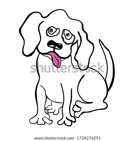 The dog is made in doodle style. Puppy illustration.Little dog made in cartoon style.Line drawing isolated on white background.Dog with pink tongue. Dog with pink tongue. for your logo