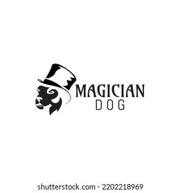 Dog magician logo template vector, dog wearing magician hat.