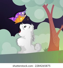 A dog making friends with a colorful butterfly under a starry night