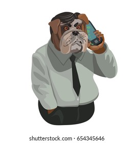 Dog man bulldog talking on a cell phone