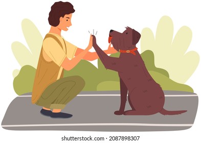 Dog And Man Give High Five. Dog And Male Character Friends Isolated At Park Background. Owner And His Pet Are Playing, Giving Five. Happy Person And Pet During Greeting Vector Illustration