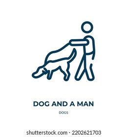 Perro y un icono masculino. Ilustración vectorial lineal de la colección de perros. Esquema de perro y un vector de icono de hombre. Símbolo de línea delgada para uso en aplicaciones web y móviles, logotipo, medios impresos.