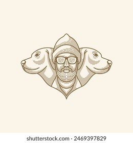 Dog with Man wearing Hat and Glasses line art drawing vector illustration design template