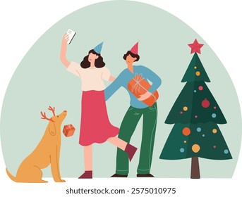  dog, man and woman preparing for the holiday with gifts