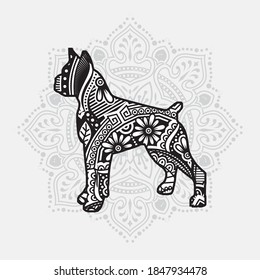 Estilo de arte de la línea de vectores de Mandala de perro. Página de colorear para adultos y niños. Ilustración vectorial.