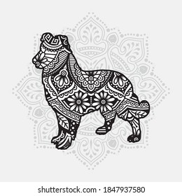 Dog Mandala Vector Line Art Style. Coloring page for adult and kids. Vector Illustration.