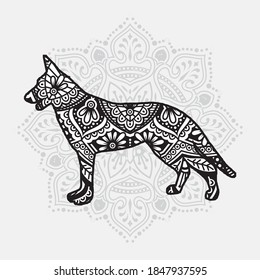 Dog Mandala Vector Line Art Style. Coloring page for adult and kids. Vector Illustration.