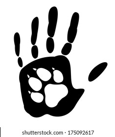 Dog - Man's Best Friend. Handprint Human And Animal Paw Print. Vector Illustration. Isolated On White Background