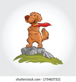 Dog Mascot Cartoon Character. The dog vector cartoon illustration stands on the rocks with a super hero costume.