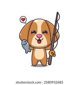 dog mascot cartoon character vector illustration catching fish with fishing rod.
design element for poster, brochure, web, mascot, sticker, logo and icon.