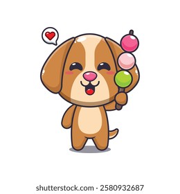 dog mascot cartoon character vector illustration eating dango. 
design element for poster, brochure, web, mascot, sticker, logo and icon.