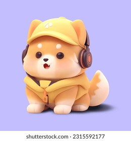 Mascota de perro. El perro Kawaii escucha música con audífonos, usa gorra y chaqueta. Dibujo 3d del vector del personaje de la viñeta de dibujos animados