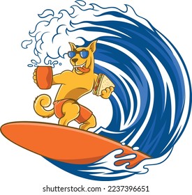 Dog Mascot Surfing and Holding a Sandwich and a Mug of Coffee