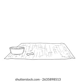 Dog mat,bowl and bone, black and white ink sketch. Vector illustration. A cozy place for a pet to rest, isolated on a white background. The drawing is made in a simple style