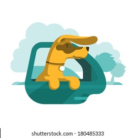 Dog with medal on the neck is looking out of the open window of moving car