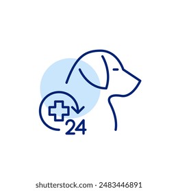 Perro y cruz médica. Clínica veterinaria las 24 horas. Cuidado de mascotas instantáneo y Asistencia. Icono de Vector perfecto