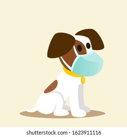 Dog with medical mask on muzzle. Animal protection from viral diseases and polluted air. Medical vector illustration, flat design, cartoon style. Isolated background.