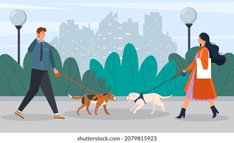 Dog meeting in park. Characters walk their pets in wild. Rest, daily chores, routine. Man and woman lead their dogs on leashes. Nature, outdoor, couple together. Cartoon flat vector illustration