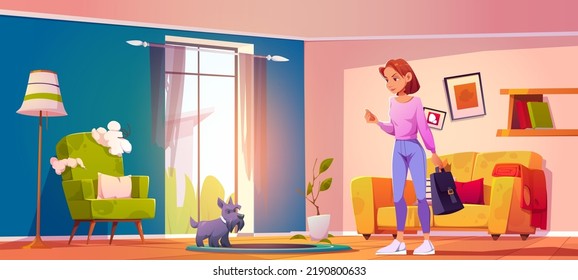 Dog Mess, Angry Owner Woman And Funny Puppy At Damaged Home Interior With Broken Furniture, Armchair With Torn Upholstery. Pet Making Chaos In Room, Naughty Animal Concept, Cartoon Vector