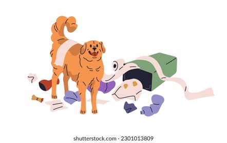 Dog in mess and chaos among garbage, trash. Naughty mischievous doggy. Bad unwanted inappropriate canine animal behavior, quirk. Flat vector illustration isolated on white background svg