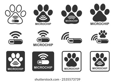 Dog microchip icon symbol. Microchip for dogs, cats and other animals.  Pets microchipping, permanent identification, ID, RFID technology. Vector illustration. Isolated on white background.
