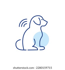 Perro con microchip. Registro de mascotas e implante de identificación. Icono de línea de trazo de píxeles perfecto, modificable