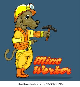dog in mine worker uniform isolated on blue