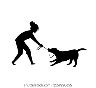 dog misbehaving tugging biting on a leash during walking silhouette  vector illustration graphic scene