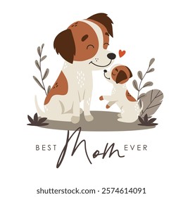 Dog mom and baby, cartoon style, mothers day illustration, cute animal