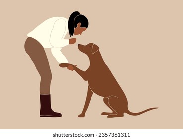 dog mom, dog owner, abstract black african woman training and teaching a dog, woman of color, isolated vector illustration, poster