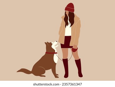 dog mom, dog owner, abstract woman walking a dog in fall, winter outfit, isolated vector illustration, poster