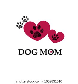 Dog Mom. Paw Print With Hearts. Happy Mother's Day Background