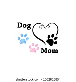 Dog Mom. Pink And Blue Paw Print With Hearts. Happy Mother's Day Background