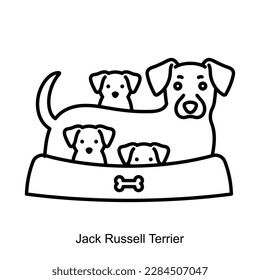 Dog mom with puppies. Breed canine mother laying around her puppies. Jack Russell Terrier Purebred dog. Icon in minimalist style. Editable strokes, thin line. For label, pet shop, dogs nutrition.