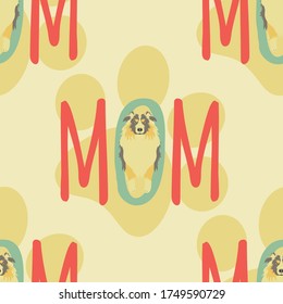 Dog mom seamless pattern background with Australian Shepherd or Aussie in retro style. Vintage dog puppy background. Hand drawn childish vector illustration. Great for wallpaper, mother's day design.