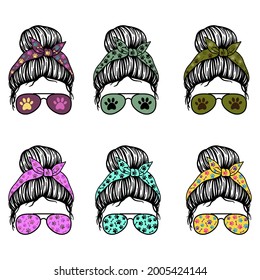 Dog mom. Women with aviator glasses, bandana and dog paw print. Messy Bun Mom Lifestyle. Vector illustration. Isolated on white background. Good for posters, t shirts, postcards.