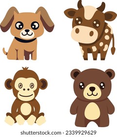 Dog, Monkey,  Cow, Bear, Cute Animal Bundle Vector illustration Collection