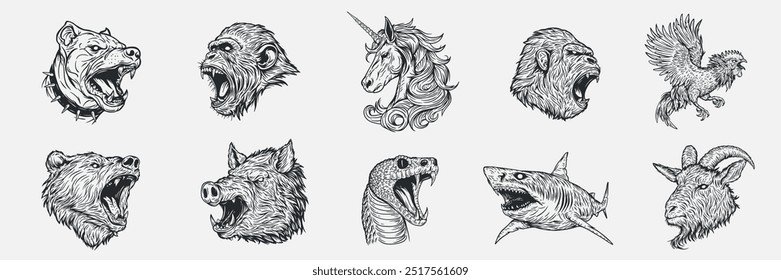 Cão, macaco, unicórnio, galo, urso, javali, cobra, tubarão, cabra em estilo desenhado à mão esboço. Animais de silhueta monocromática para tatuagem, impressão, branding. Ilustração vetorial.