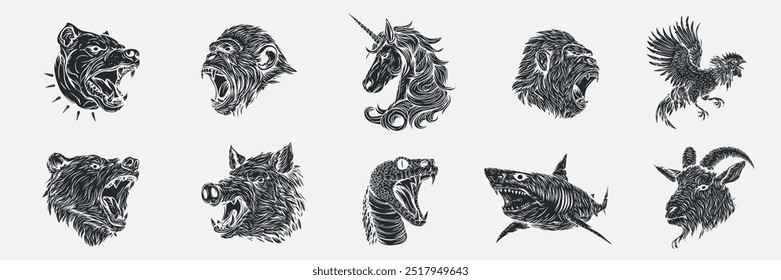 Cão, macaco, unicórnio, galo, urso, javali, cobra, tubarão, cabra em estilo desenhado à mão esboço. Animais de silhueta monocromática para tatuagem, impressão, branding. Ilustração vetorial.