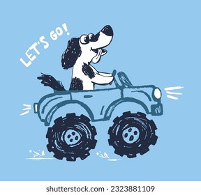 Dog monster, truck funny cool summer t-shirt print design. Racing car. Speed sport buggy big foot auto. Slogan. Drive animal illustration. Puppy racer kids typography poster. Holiday pattern