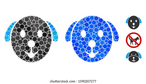 Dog mosaic of small circles in various sizes and color tones, based on dog icon. Vector random circles are organized into blue collage. Dotted dog icon in usual and blue versions.