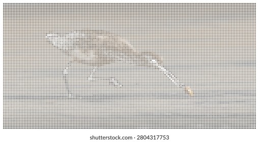 A dog in motion on a sandy beach, rendered in a distinctive dotted illustration style. Captures energy and freedom.