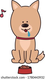 Dog moving happily about to eat food. Vector illustration isolated on white background.
