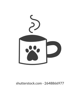 Dog Mug with Paw Print. Doodle cup with a hot drink and steam, cozy pet themed winter design. Vector illustration